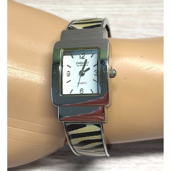 Embassy by Gruen Watch Bracelet Tiger Print Silver Tone Quartz Rhinestones - Picture 5 of 7